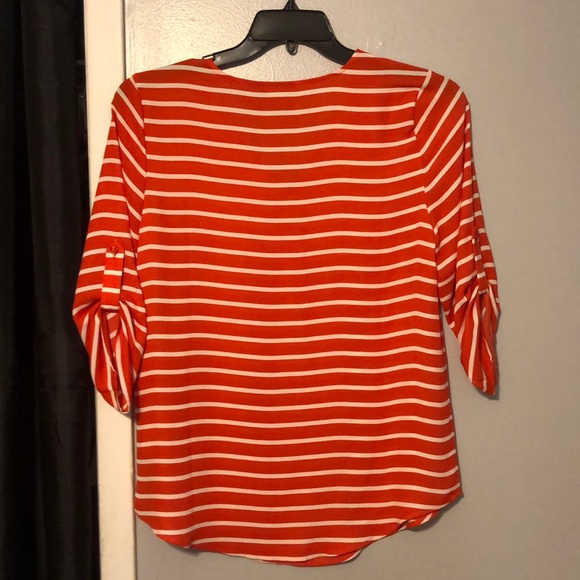Orange and White Stripe Shirt With Gold Zipper. - Picture 2 of 3